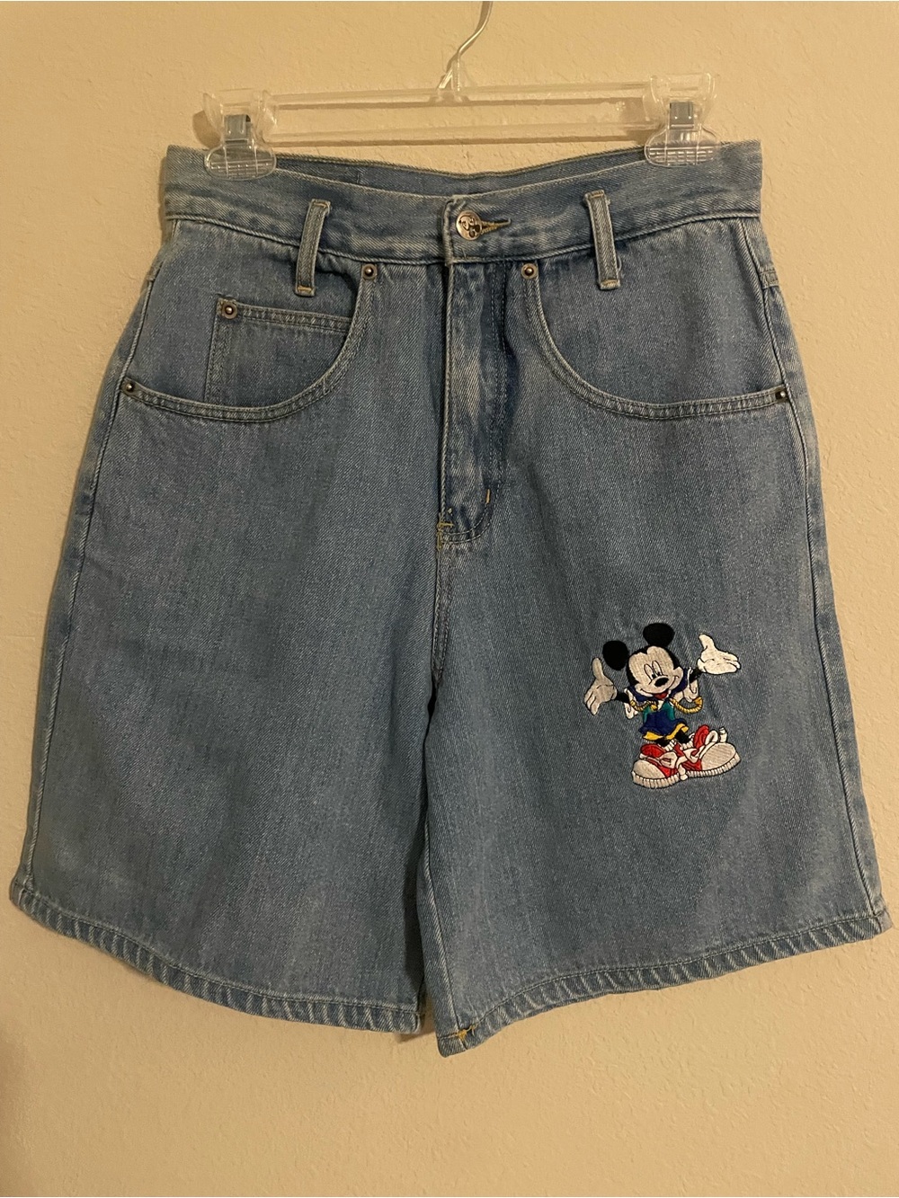 Vintage 1990’s Mickey Mouse Embroidered Cotton Denim Shorts Size Small Waist 27